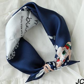 【JC Collection】100%蠶絲可愛卡通圖案韓版時尚四季百搭柔軟小方巾(藍色、粉色)