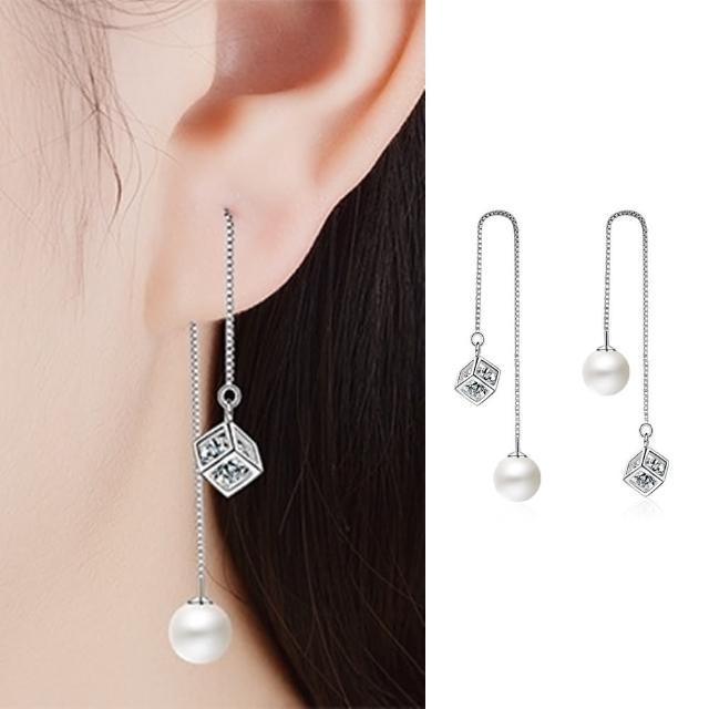 【Emi 艾迷】925銀針極致方塊鋯石珍珠耳線耳環