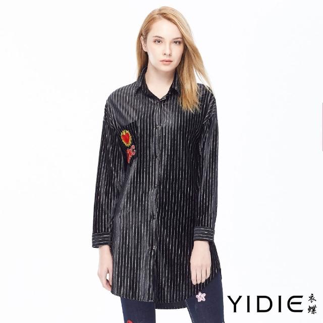【YIDIE 衣蝶】銀蔥線條絨布長版襯衫-黑