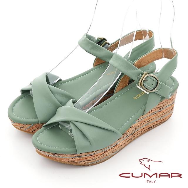 【CUMAR】波西米亞風扭轉一字帶坡跟涼鞋(綠色)