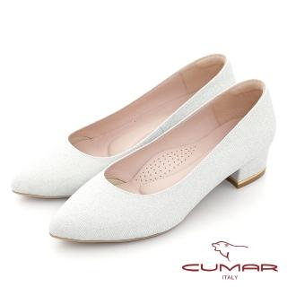 【CUMAR】尖頭閃耀花紋布粗跟鞋(白銀)