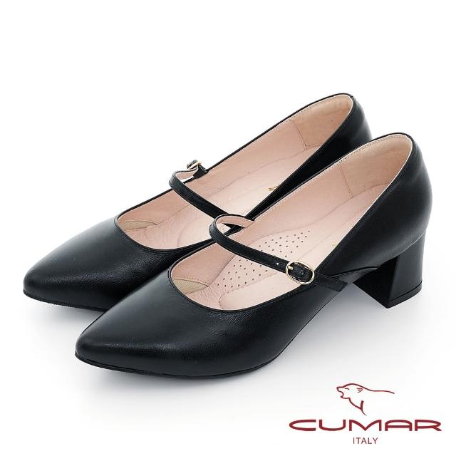 【CUMAR】優雅復古尖頭瑪莉珍粗跟鞋(黑色)