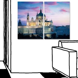 【24mama 掛畫】二聯式 油畫布 歐洲西班牙 城市教堂 建築 城堡 夏天 黃昏 無框畫-40x60cm(日落馬德里地)