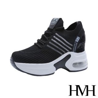 【HMH】時尚亮片拼接飛織網面舒適氣墊內增高潮流休閒鞋(黑)