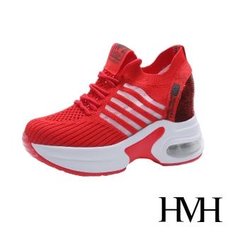 【HMH】時尚亮片拼接飛織網面舒適氣墊內增高潮流休閒鞋(紅)