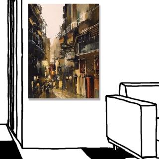 【24mama 掛畫】單聯式 油畫布 建築 小巷 現代藝術 插圖繪畫 街道 無框畫-30x40cm(城市景觀畫)