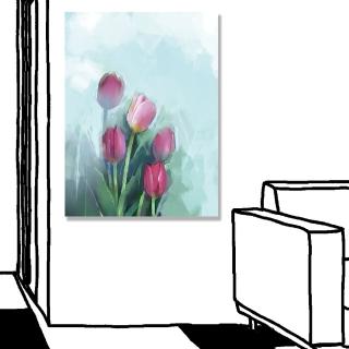 【24mama 掛畫】單聯式 油畫布 花卉 靜物 浪漫美麗 藝術 插圖 春天 無框畫 時鐘掛畫-30x40cm(紅色鬱金香)