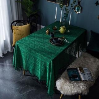【JEN】歐式復古手工鉤針鏤空餐桌巾140*200cm6人桌(綠色流蘇)