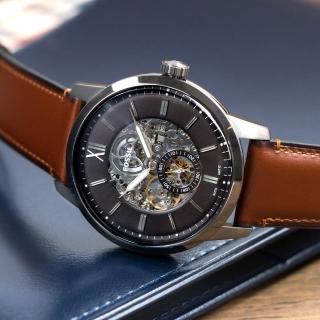 【FOSSIL】公司貨 英倫復古鏤空機械皮革腕錶/咖啡x黑面(ME3181)