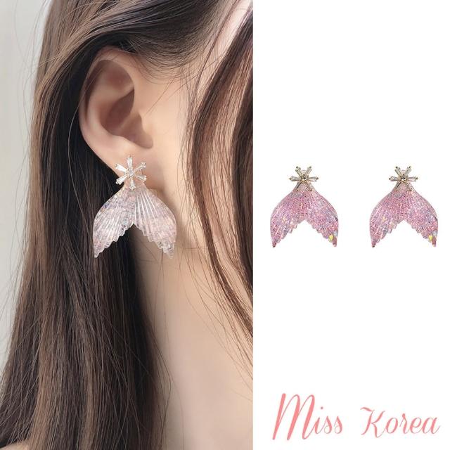【MISS KOREA】韓國設計S925銀針兩戴法魚尾水晶花朵耳環(白)
