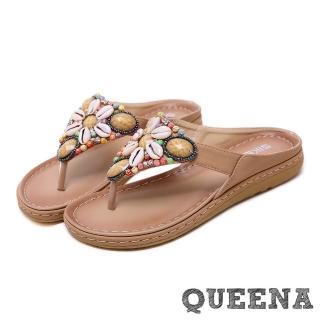 【QUEENA】波西米亞民族風時尚貝殼串珠造型平底夾腳拖鞋(杏)