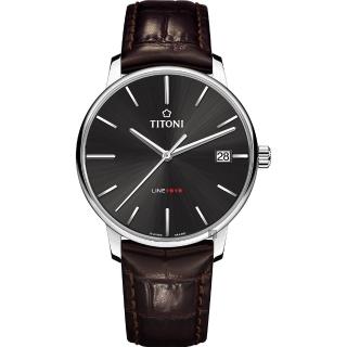 【TITONI 梅花錶】LINE1919 百年紀念 T10機械錶-炭黑x咖啡錶帶/40mm(83919 S-ST-576)