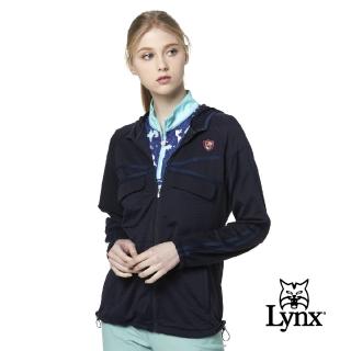 【Lynx Golf】女款彈性舒適涼爽透氣交叉壓條袋蓋連帽長袖外套(深藍色)