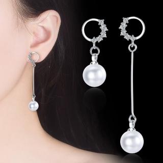 【Emi 艾迷】韓系925銀針花嫁姿態鋯石微鑲珍珠不對稱耳環