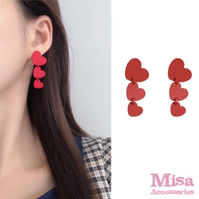 【MISA】韓國設計S925銀針簡約紅色愛心串造型耳環