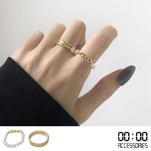 【00:00】韓國設計INS潮設計簡約素圈珍珠兩件套戒指