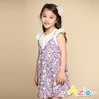 【Azio Kids 美國派】女童 洋裝 滿版小白花草印花假兩件荷葉短袖洋裝(紫)