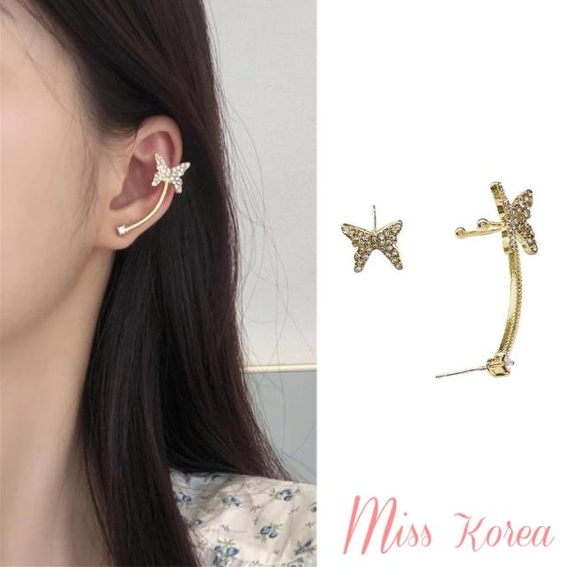 【MISS KOREA】韓國設計S925銀針滿鑽流星與蝴蝶不對稱耳環