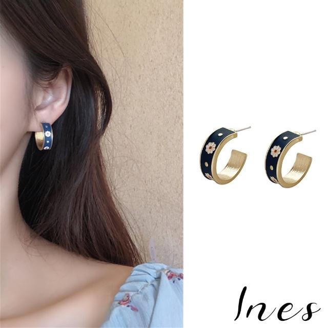 【INES】韓國設計S925銀針優雅復古小雛菊滴釉C圈耳環