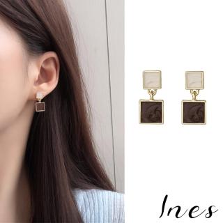 【INES】韓國設計S925銀針優雅撞色幾何方型滴釉復古耳環(2色任選)