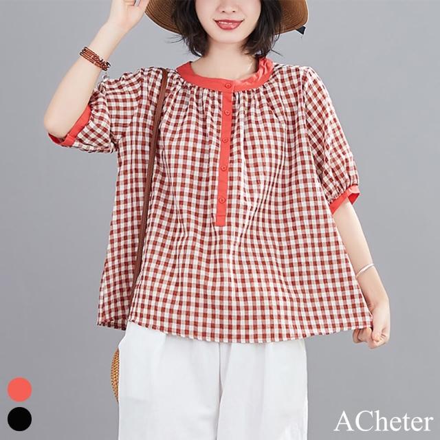 【ACheter】文藝世家格紋寬鬆棉麻上衣#108919現貨+預購(2色)