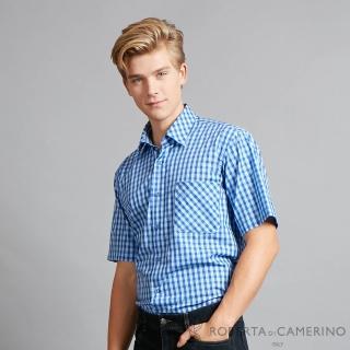 【ROBERTA 諾貝達】進口素材 台灣製 純棉陽光型男 經典格紋短袖襯衫(藍色)