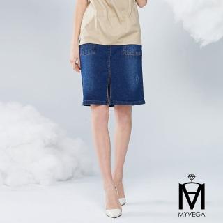 【MYVEGA 麥雪爾】MA高含棉大口袋水鑽牛仔短裙-藍