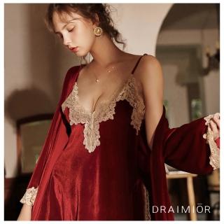 【久慕雅黛】2件式-DRAIMIOR水溶蕾絲華麗絲絨睡衣組(紅色 睡袍)