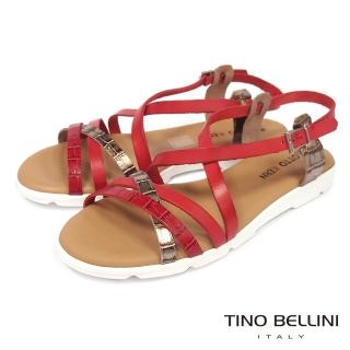 【TINO BELLINI 貝里尼】西班牙進口率性全牛皮線條平底涼鞋FJO0001(紅)