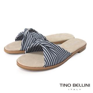 【TINO BELLINI 貝里尼】文藝風格條紋平底涼拖鞋FQT0002(藍)
