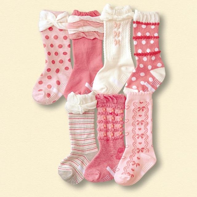 【橘魔法】（7雙一組）粉色點點公主風高筒襪 (防滑膠點 中筒襪 長筒襪 襪子 女童 兒童 童裝)