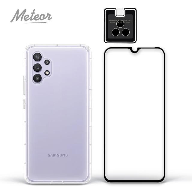【Meteor】SAMSUNG Galaxy A32 5G 手機保護超值3件組(透明空壓殼+鋼化膜+鏡頭貼)