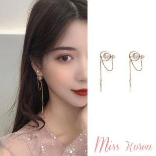 【MISS KOREA】韓國設計S925銀針溫柔氣質雙珍珠長流蘇鍊造型耳環