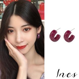 【INES】韓國設計S925銀針法式復古葡萄紫半圓C圈耳環