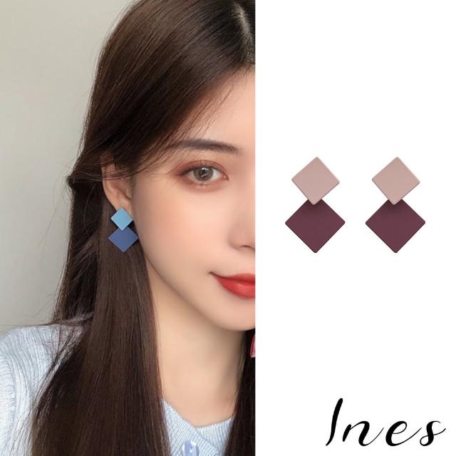 【INES】韓國設計S925銀針復古幾何方形撞色個性耳環(3色任選)