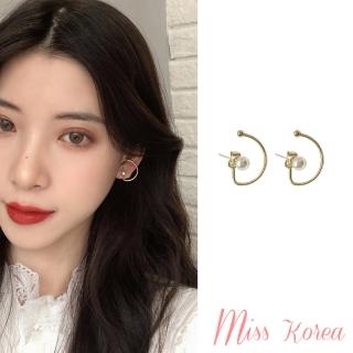 【MISS KOREA】韓國設計S925銀針法式復古線條繞耳廓式珍珠耳環
