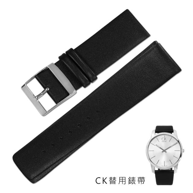 【Watchband】22x20mm / Calvin Klein 真皮皮革替用錶帶-附扣頭(黑色)