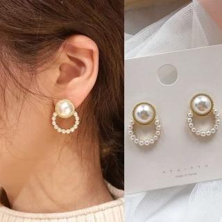 【Emi 艾迷】法式悠然優雅女伶大小珍珠925銀針耳環