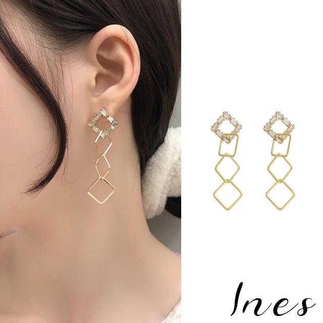 【INES】韓國設計S925銀針方晶鋯石幾何線條長耳環