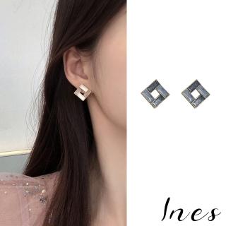 【INES】韓國設計S925銀針復古幾何小巧方形撞色滴釉耳環(2色任選)
