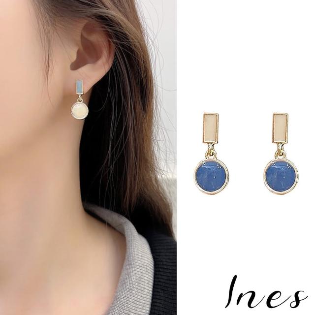 【INES】韓國設計S925銀針幾何圓圈撞色滴釉造型耳環(2色任選)