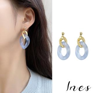 【INES】韓國設計S925銀針清新透明藍色鍊條拼接復古造型耳環