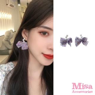 【MISA】韓國設計S925銀針氣質印花網紗蝴蝶結珍珠耳環(2色任選)