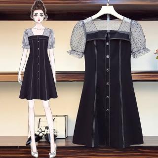 【KVOLL】現貨-玩美衣櫃黑色甜美拼接點點網紗袖洋裝L-5XL