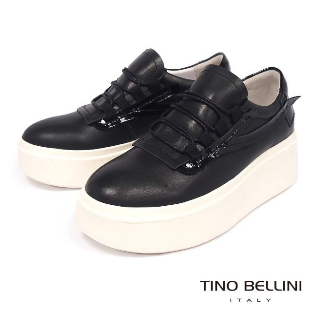 【TINO BELLINI 貝里尼】牛皮革拼接造型厚底綁帶休閒鞋L0O0013(黑)