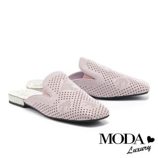 【MODA Luxury】時髦氣勢沖孔羊皮晶鑽方頭低跟穆勒拖鞋(紫)