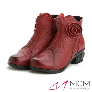 【MOM】真皮手工立體花飾甜美低跟短靴(紅)