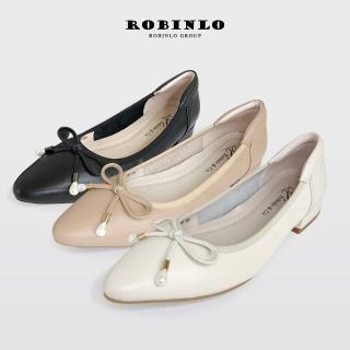 【Robinlo】真皮法式輕甜美蝴蝶結尖頭平底娃娃鞋淑女鞋SAEDA(黑色/米白/杏色)