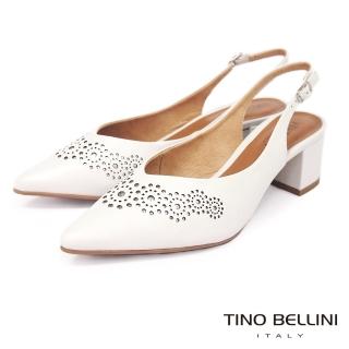 【TINO BELLINI 貝里尼】巴西進口幾何花朵全真皮後釦帶中跟鞋F1V0009(白)