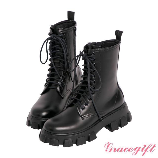 【Grace Gift】馬甲綁帶鋸齒馬汀短靴(黑)